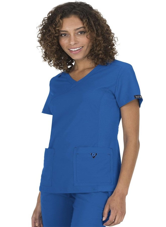KOI Basics Katie Women's 4-Pocket Mock-Wrap Scrub Top Royal Blue Large - Image 1